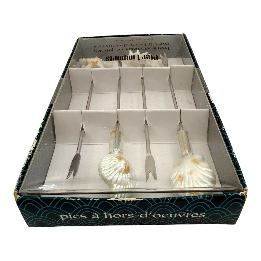 VTG 1980-90s Pier 1 imports Hors D’Oeuvre Pick Set 4PC Seashells White & Silver
